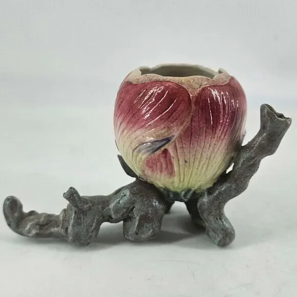 Vintage majolica porcelain unique pink magnolia flower bud blossom decor
